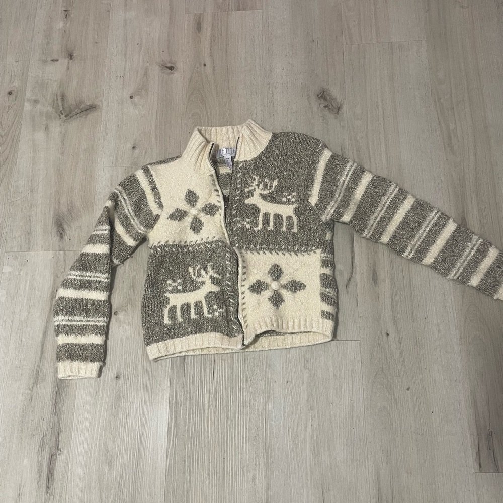 Petite Sophisticate Cream and Gray Knit Sweater